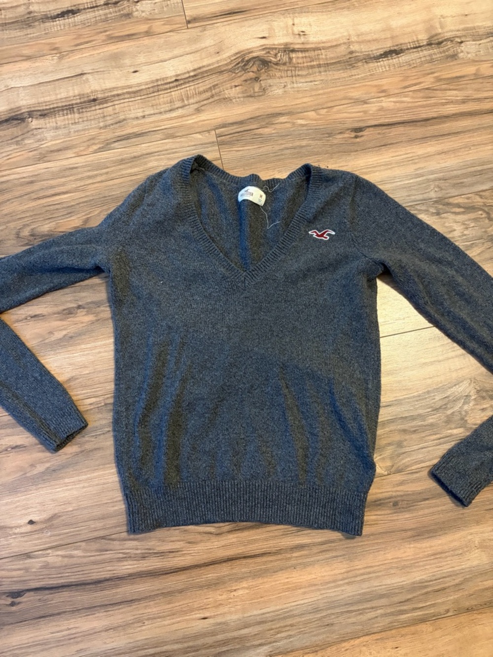 Vintage Hollister Dark Gray V-Neck Sweater with Pink Logo